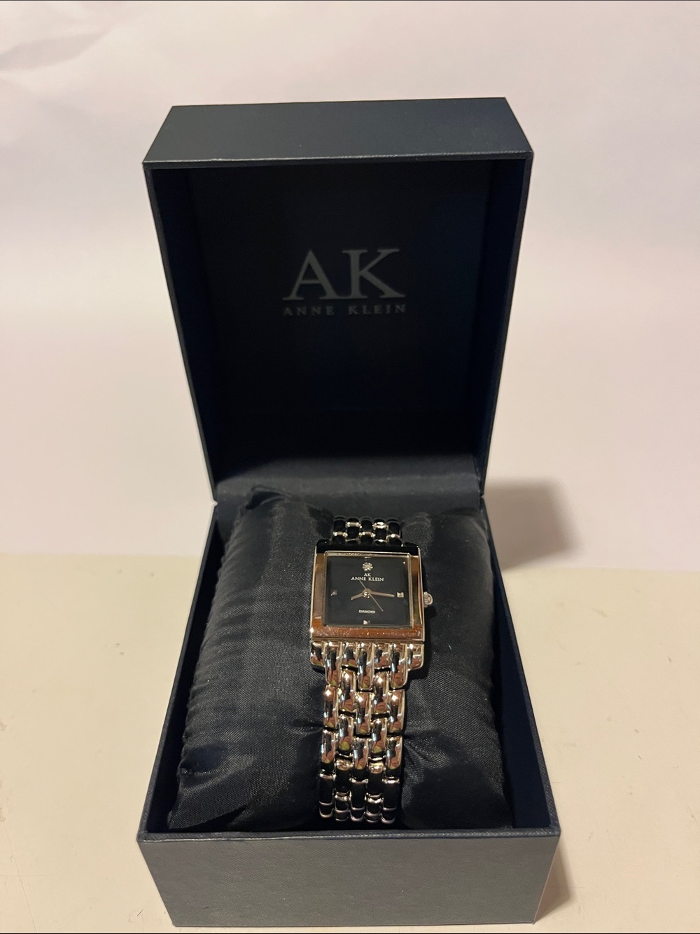 Anne Klein Silver Tone Chain Link Watch with Black Dial with diamond accents